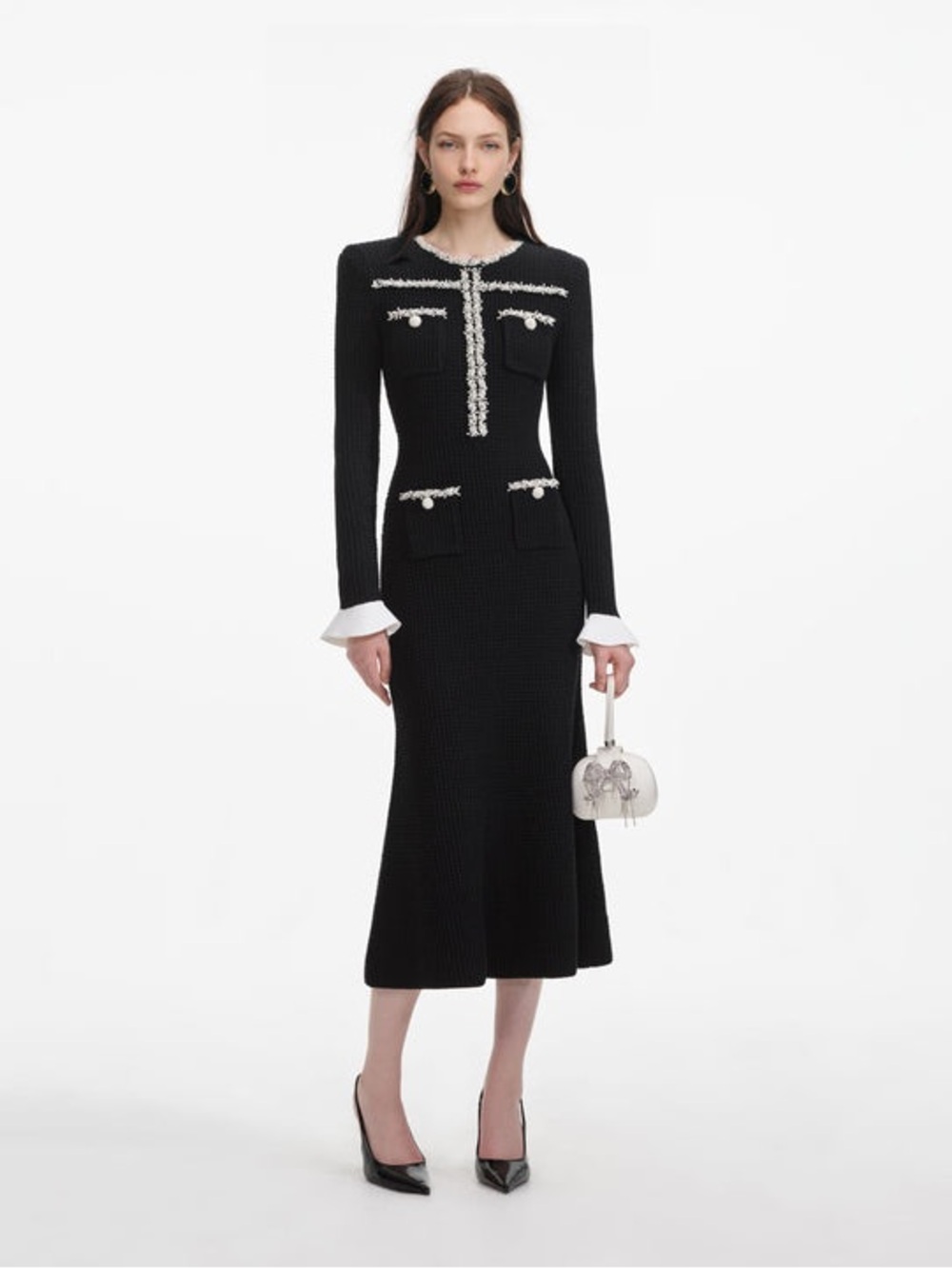 Self-Portrait Black Knit Long-Sleeve Midi Dress with White Trim - Picture 9 of 9